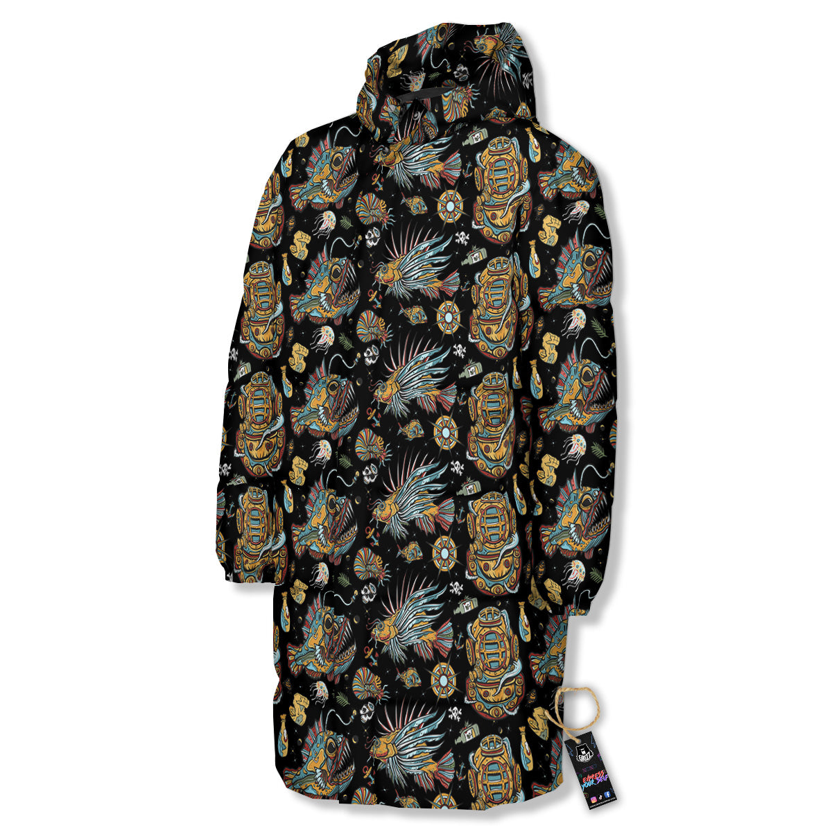 Underwater World Colorful Print Pattern Long Down Jacket-grizzshop