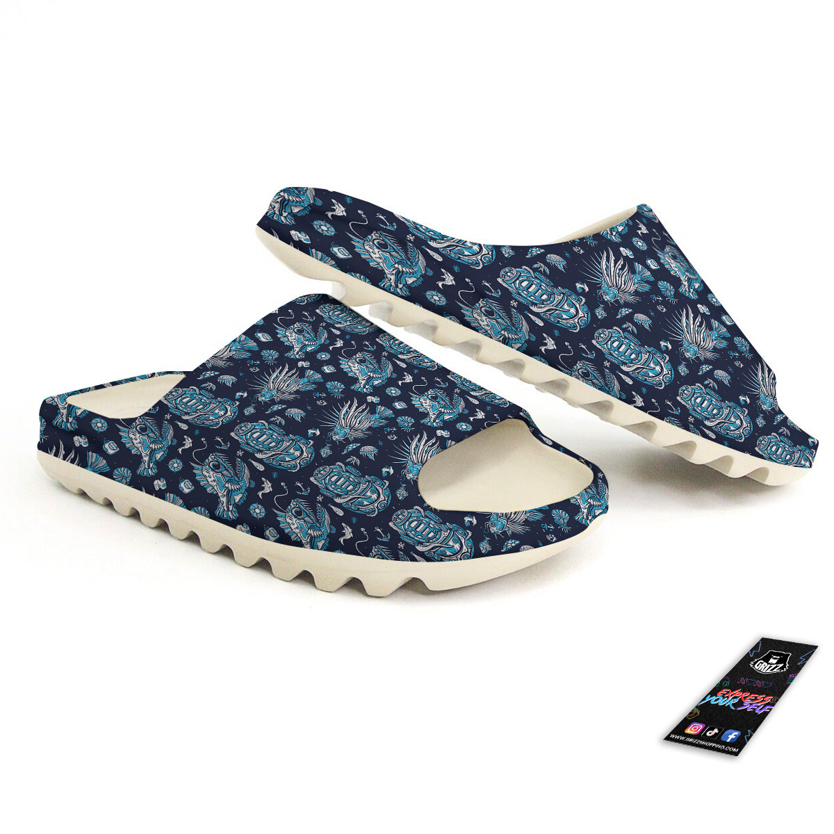 Underwater Blue Tattoo Print Pattern Sandals