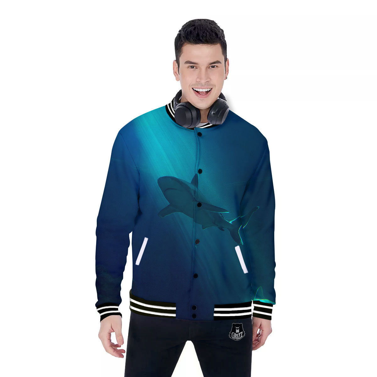 Underwear Shark Print Baseball Jacket-grizzshop