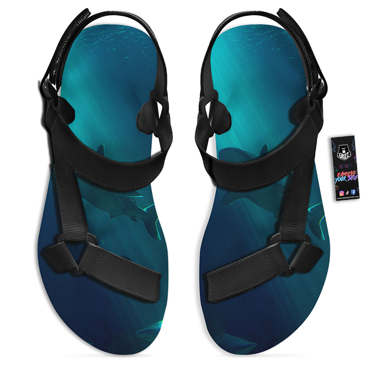 Underwear Shark Print Black Open Toe Sandals-grizzshop