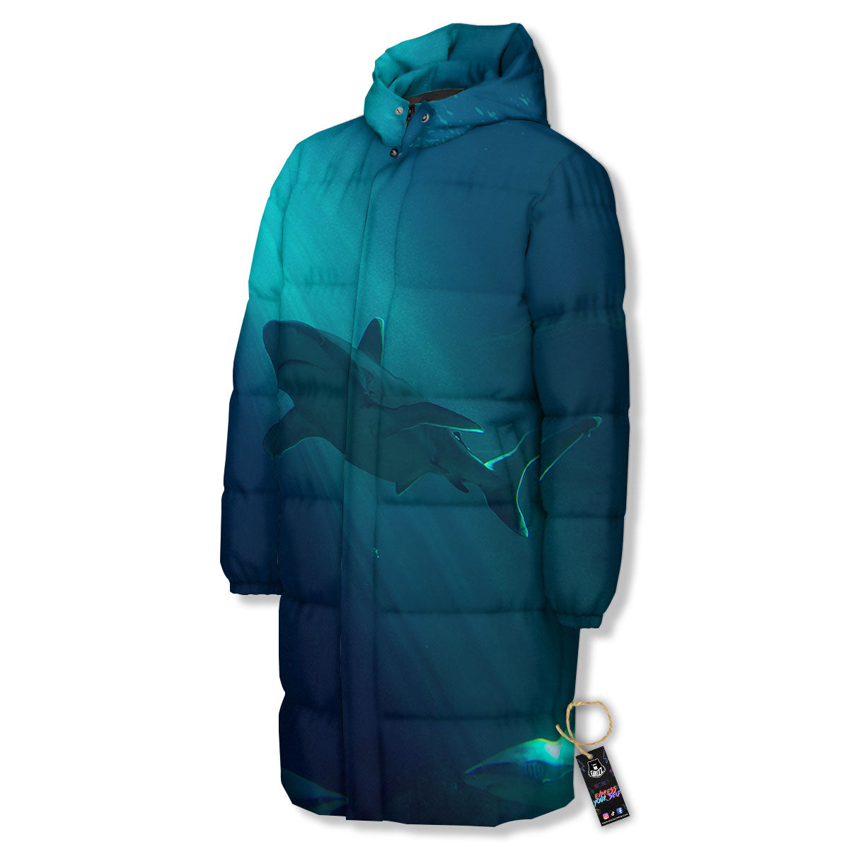 Underwear Shark Print Long Down Jacket-grizzshop
