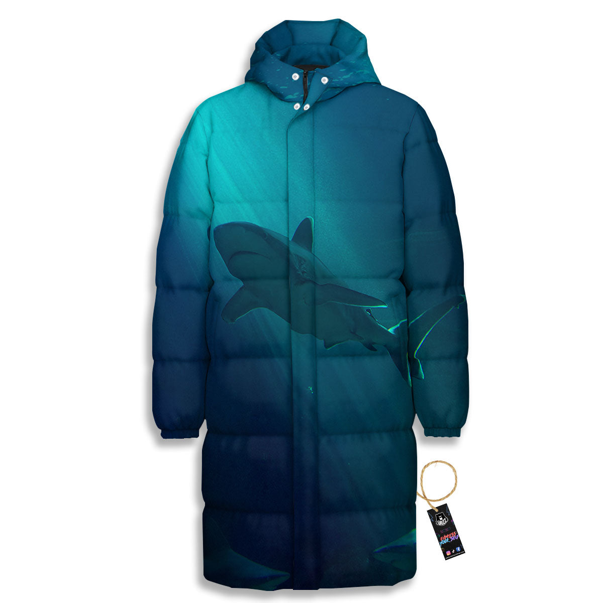 Underwear Shark Print Long Down Jacket-grizzshop