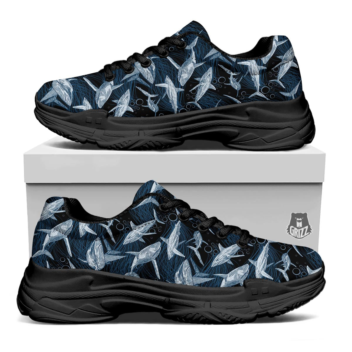 Underwear Shark Print Pattern Black Chunky Shoes-grizzshop
