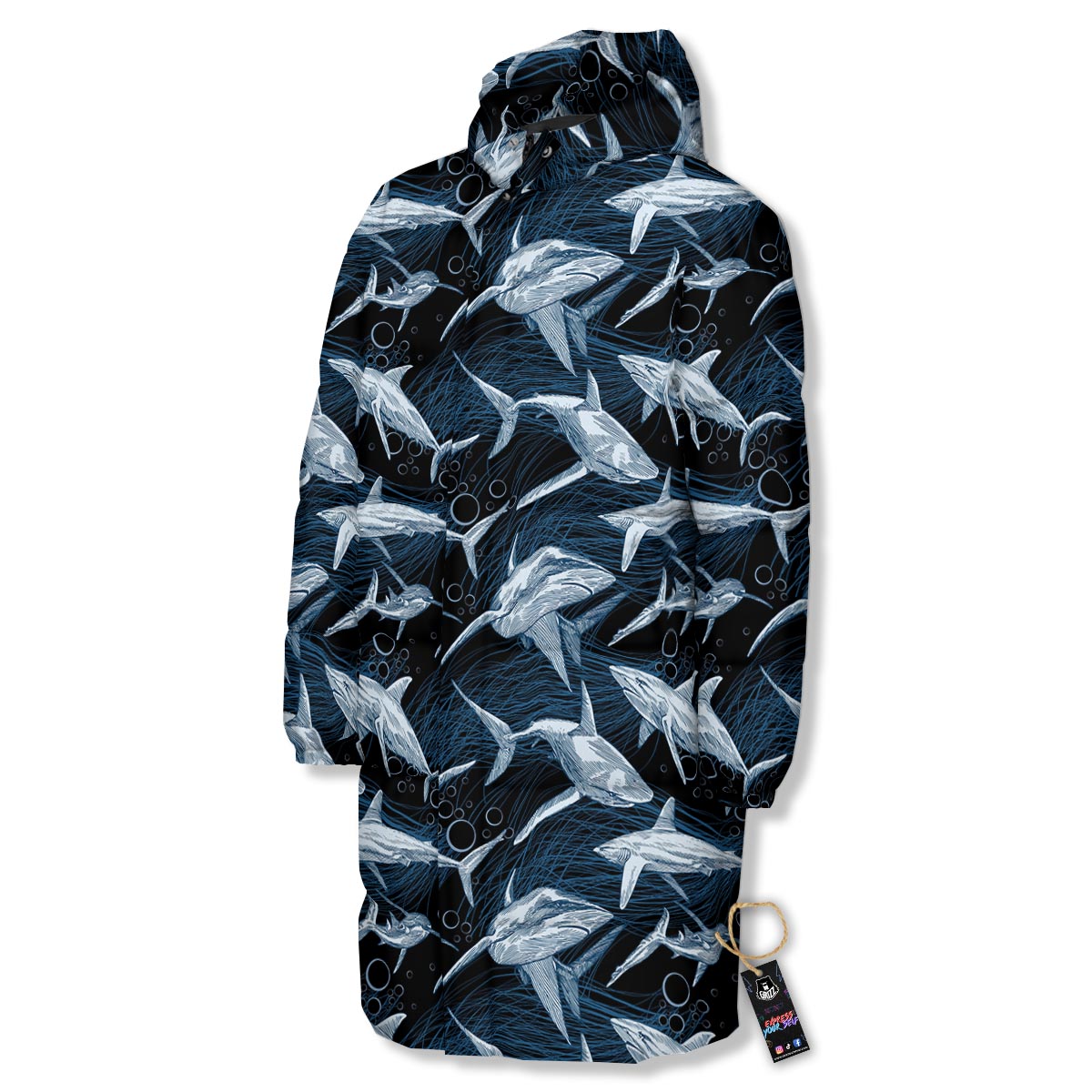 Underwear Shark Print Pattern Long Down Jacket-grizzshop