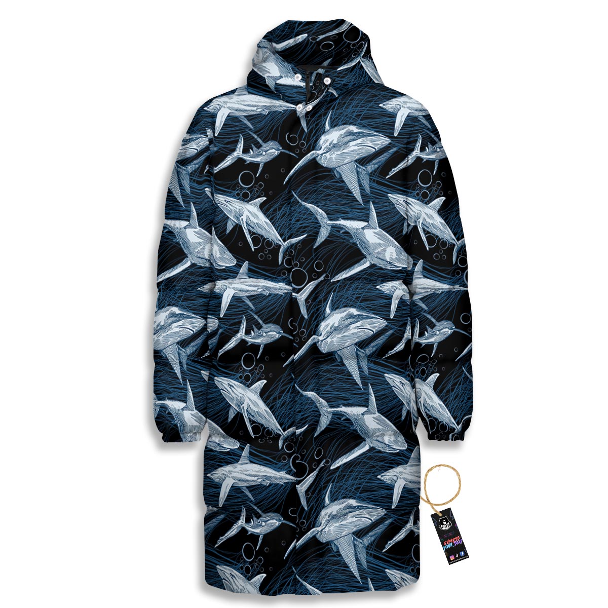 Underwear Shark Print Pattern Long Down Jacket-grizzshop