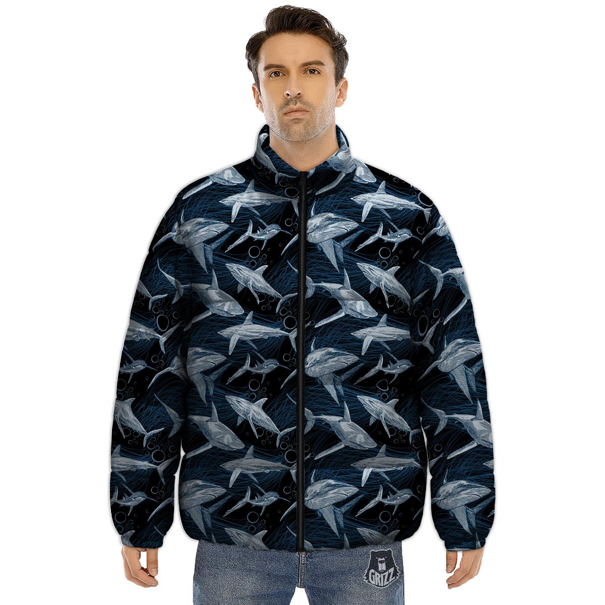 Underwear Shark Print Pattern Puffer Jacket-grizzshop