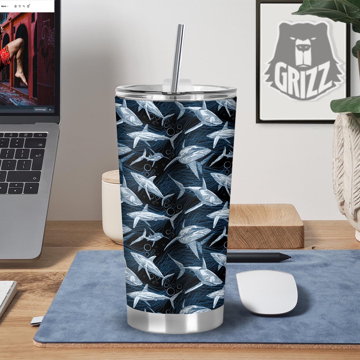 Underwear Shark Print Pattern Tumbler-grizzshop