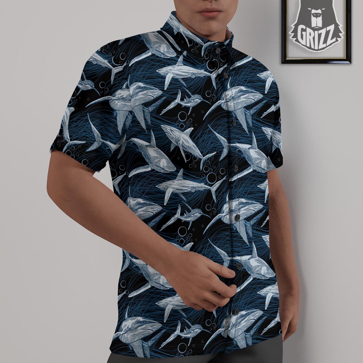 Underwear Shark Print Pattern Untucked Shirts-grizzshop