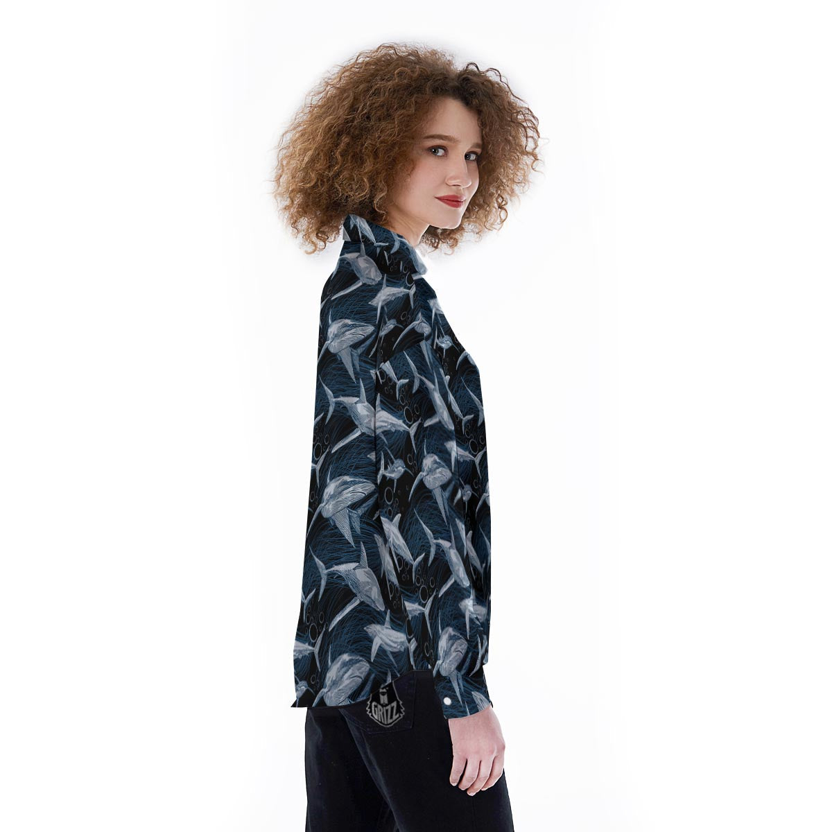 Underwear Shark Print Pattern Women's Long Sleeve Shirts-grizzshop