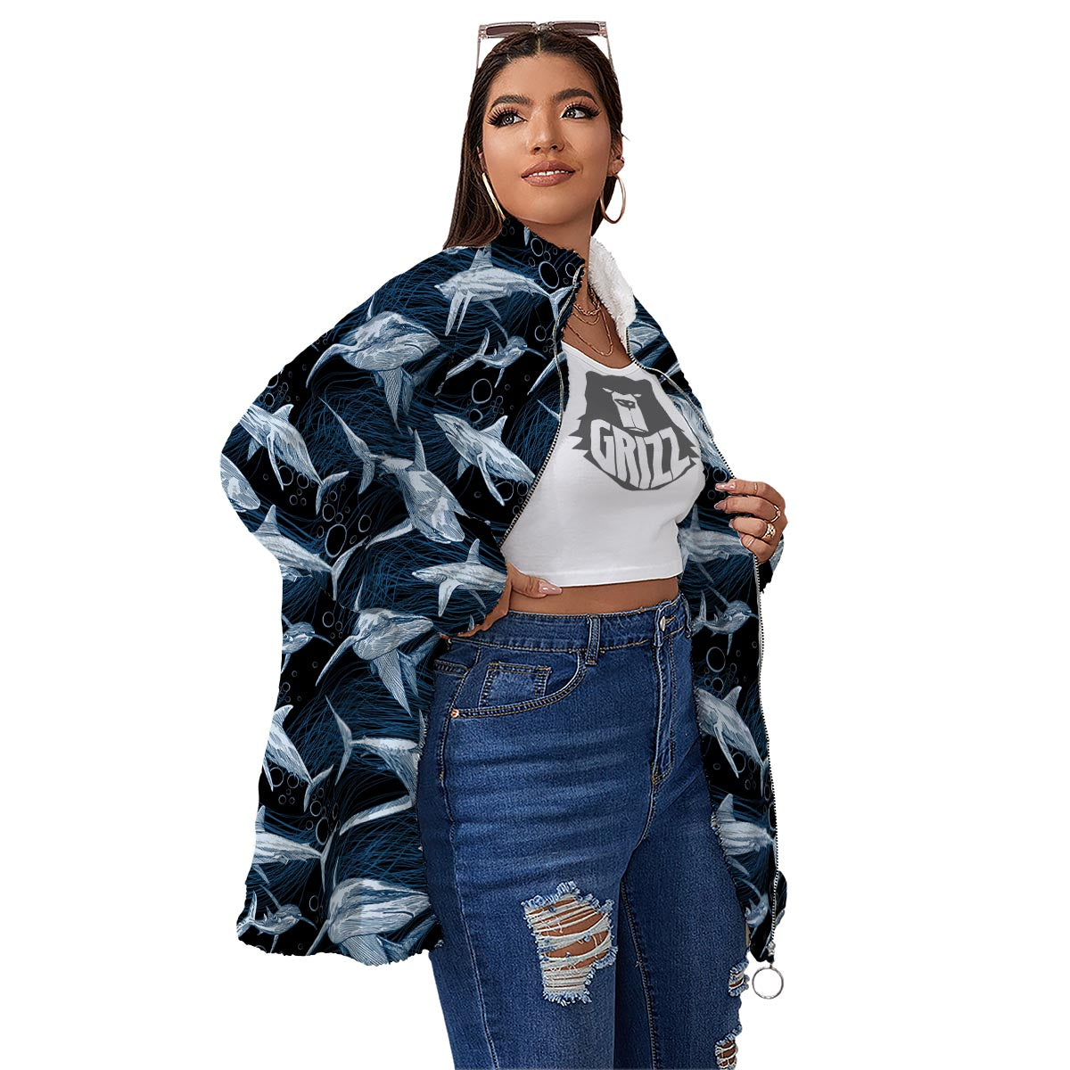 Underwear Shark Print Pattern Women's Sherpa Jacket-grizzshop