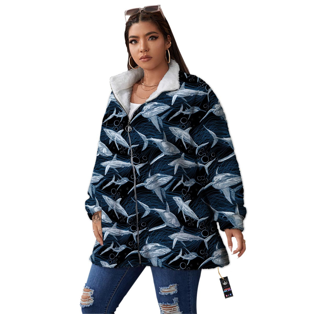 Underwear Shark Print Pattern Women's Sherpa Jacket-grizzshop