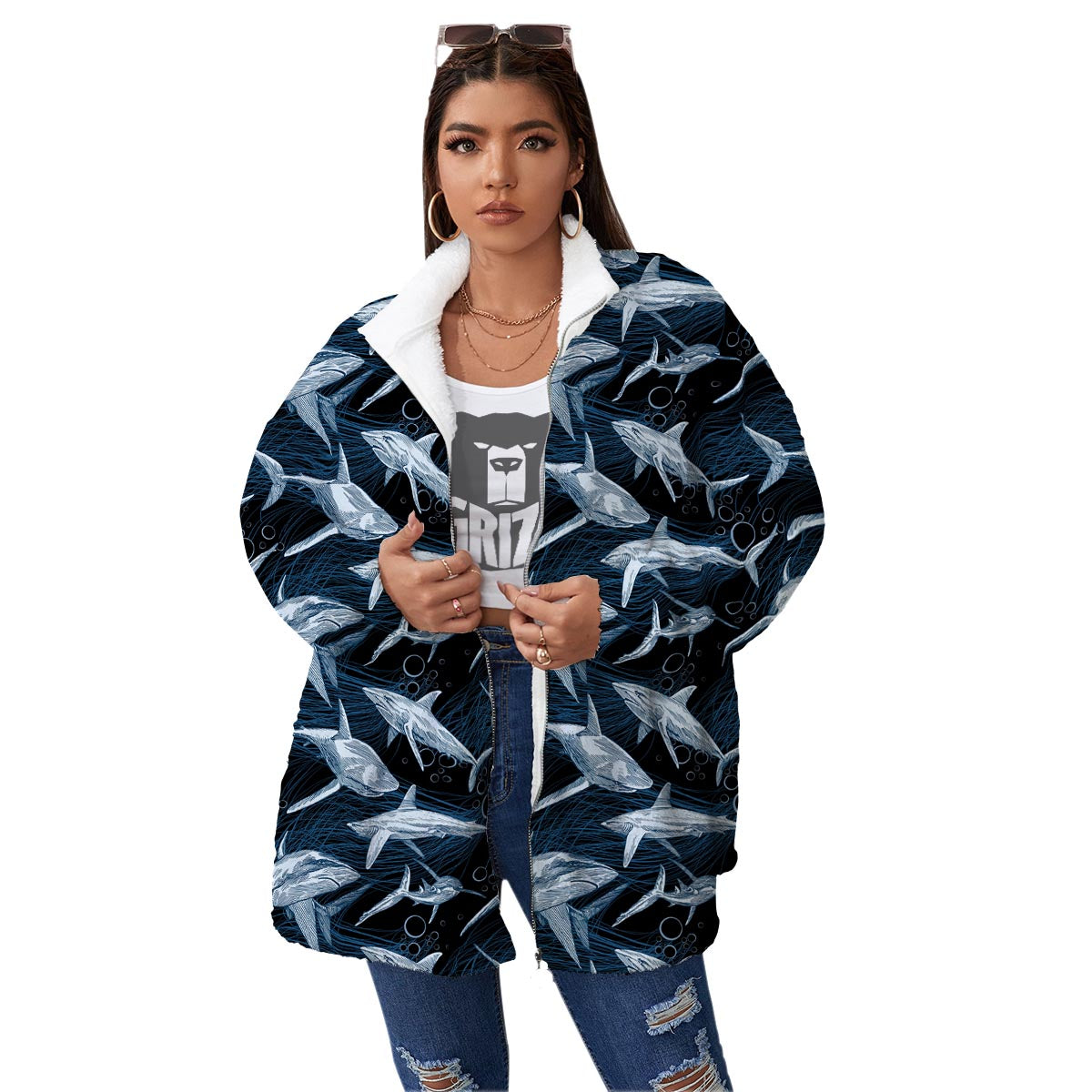 Underwear Shark Print Pattern Women's Sherpa Jacket-grizzshop