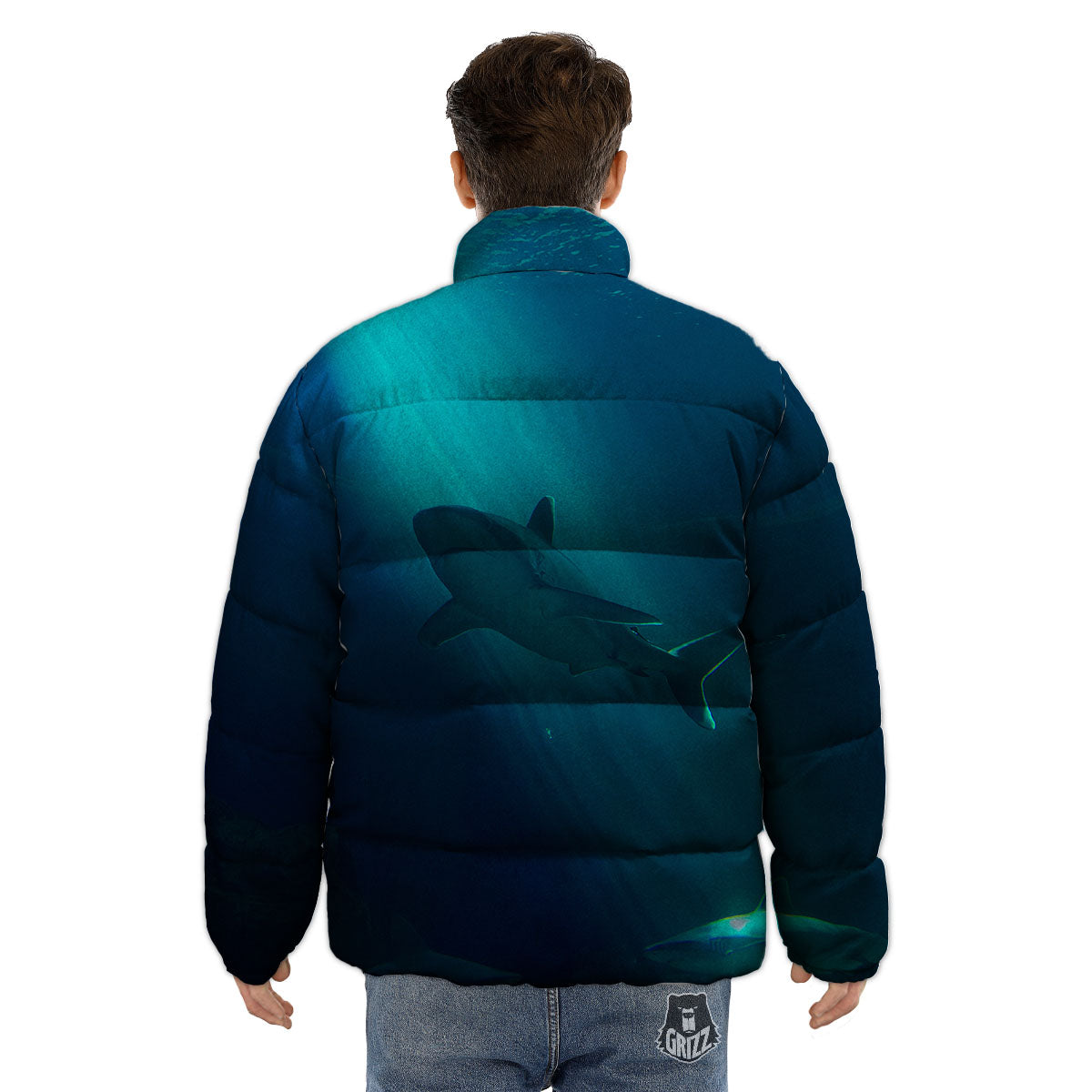 Underwear Shark Print Puffer Jacket-grizzshop