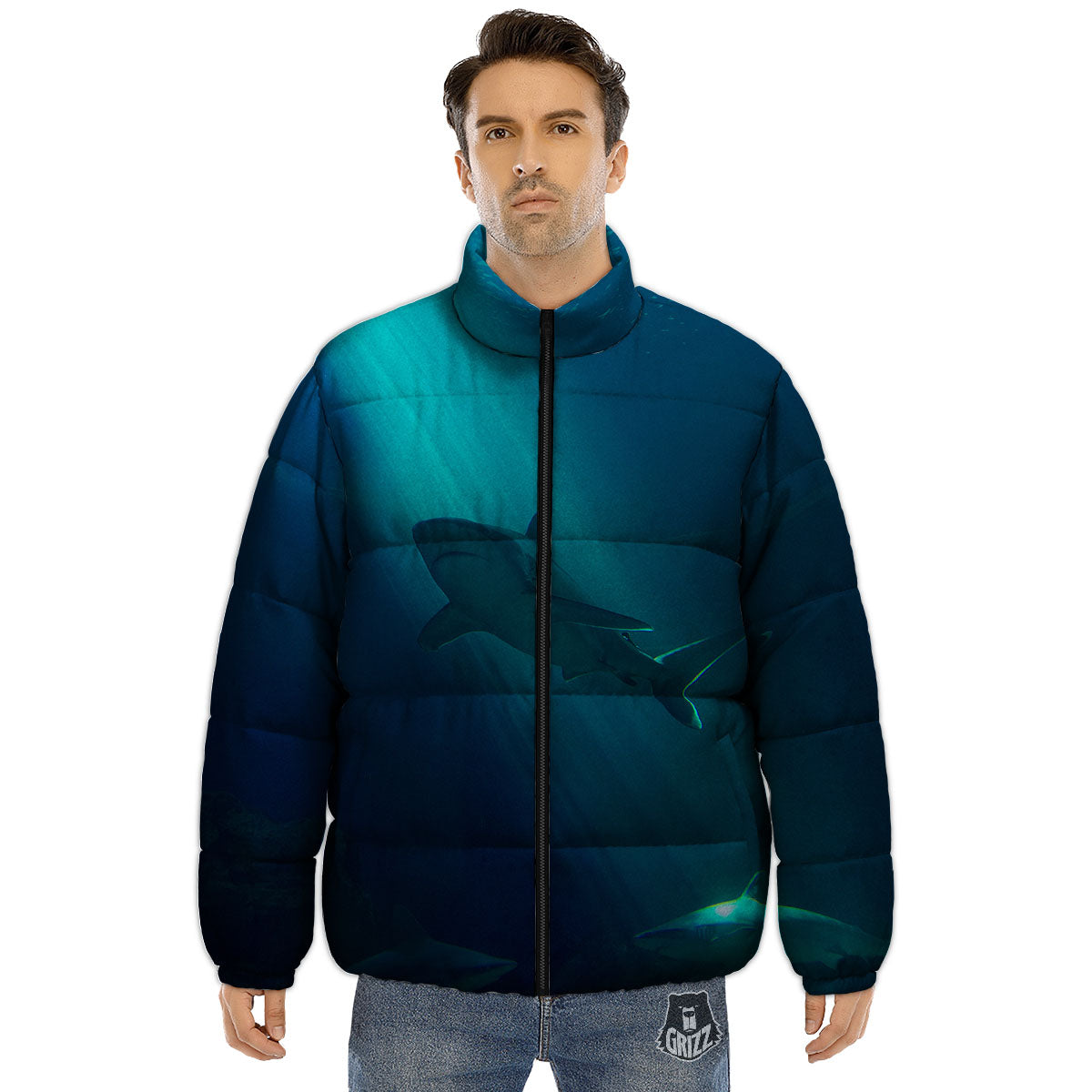Underwear Shark Print Puffer Jacket-grizzshop