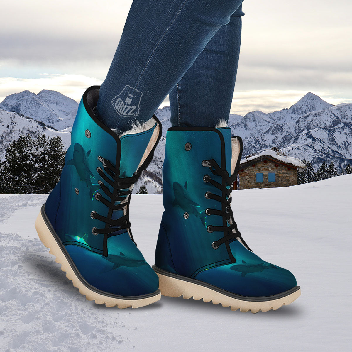 Underwear Shark Print Snow Boots-grizzshop