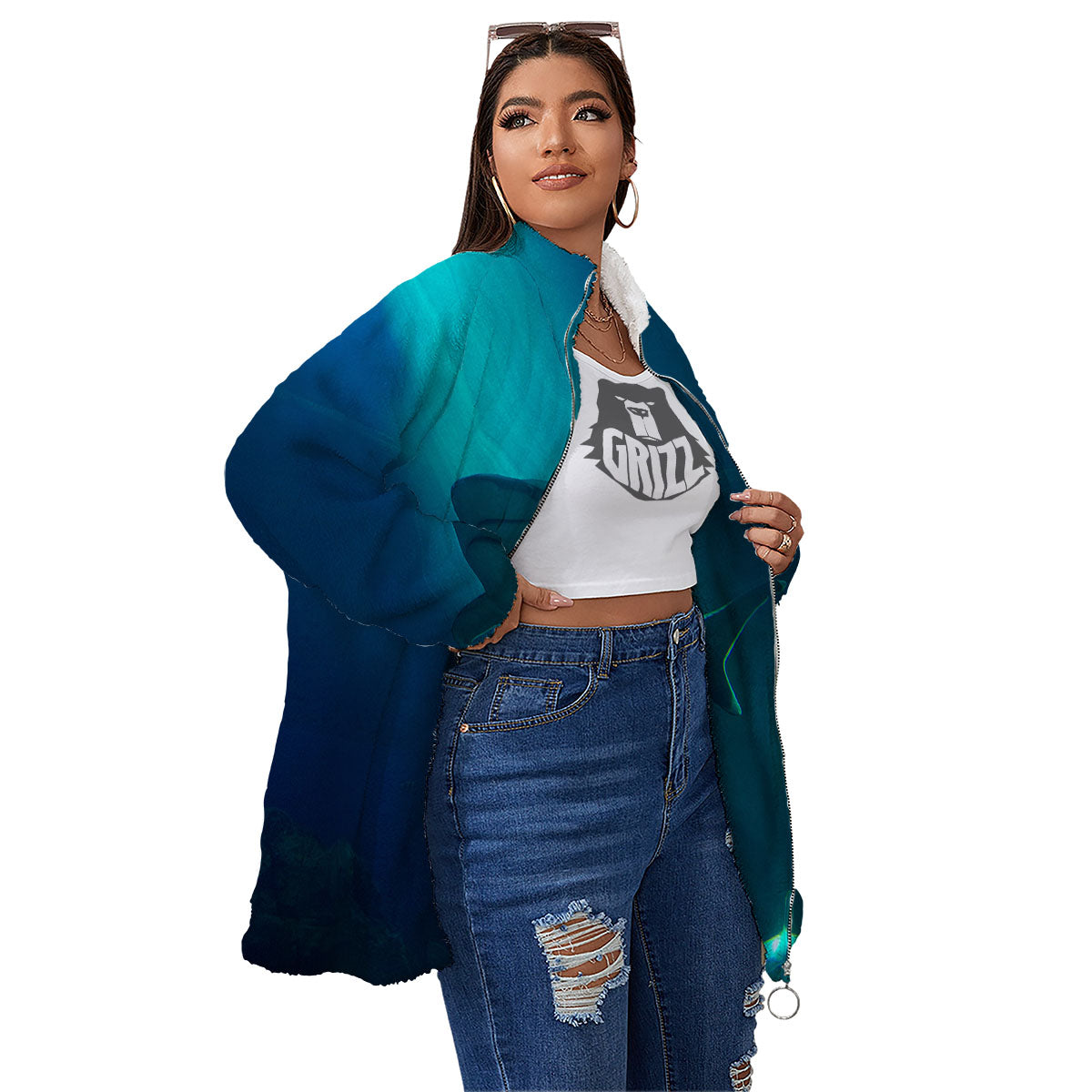Underwear Shark Print Women's Sherpa Jacket-grizzshop
