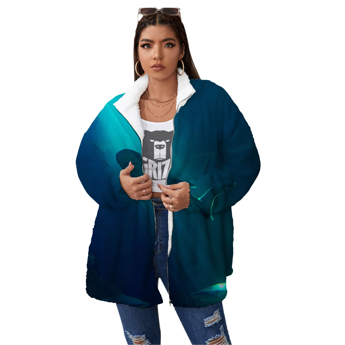 Underwear Shark Print Women's Sherpa Jacket-grizzshop