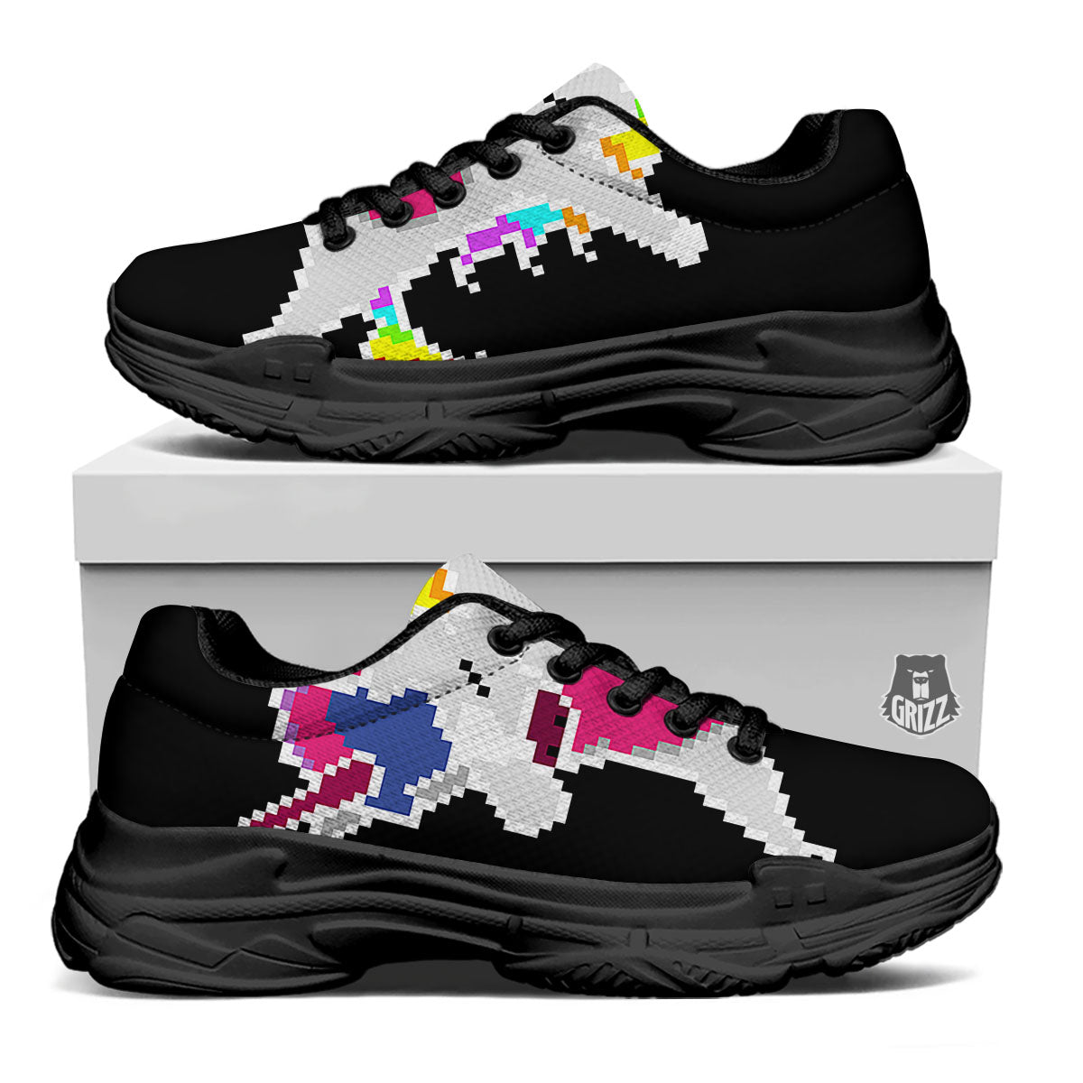 Unicorn 8-Bit Pixel Print Black Chunky Shoes-grizzshop
