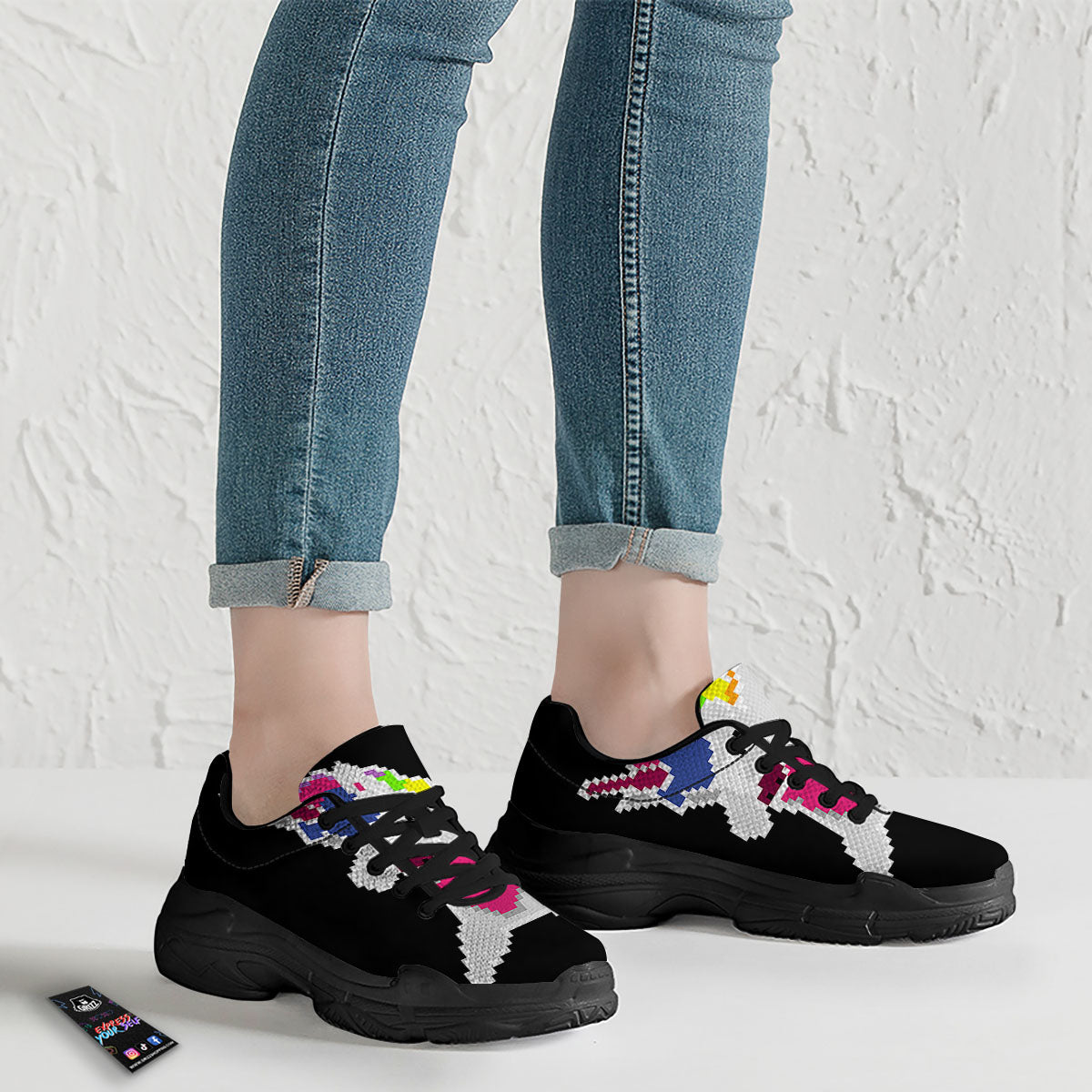 Unicorn 8-Bit Pixel Print Black Chunky Shoes-grizzshop