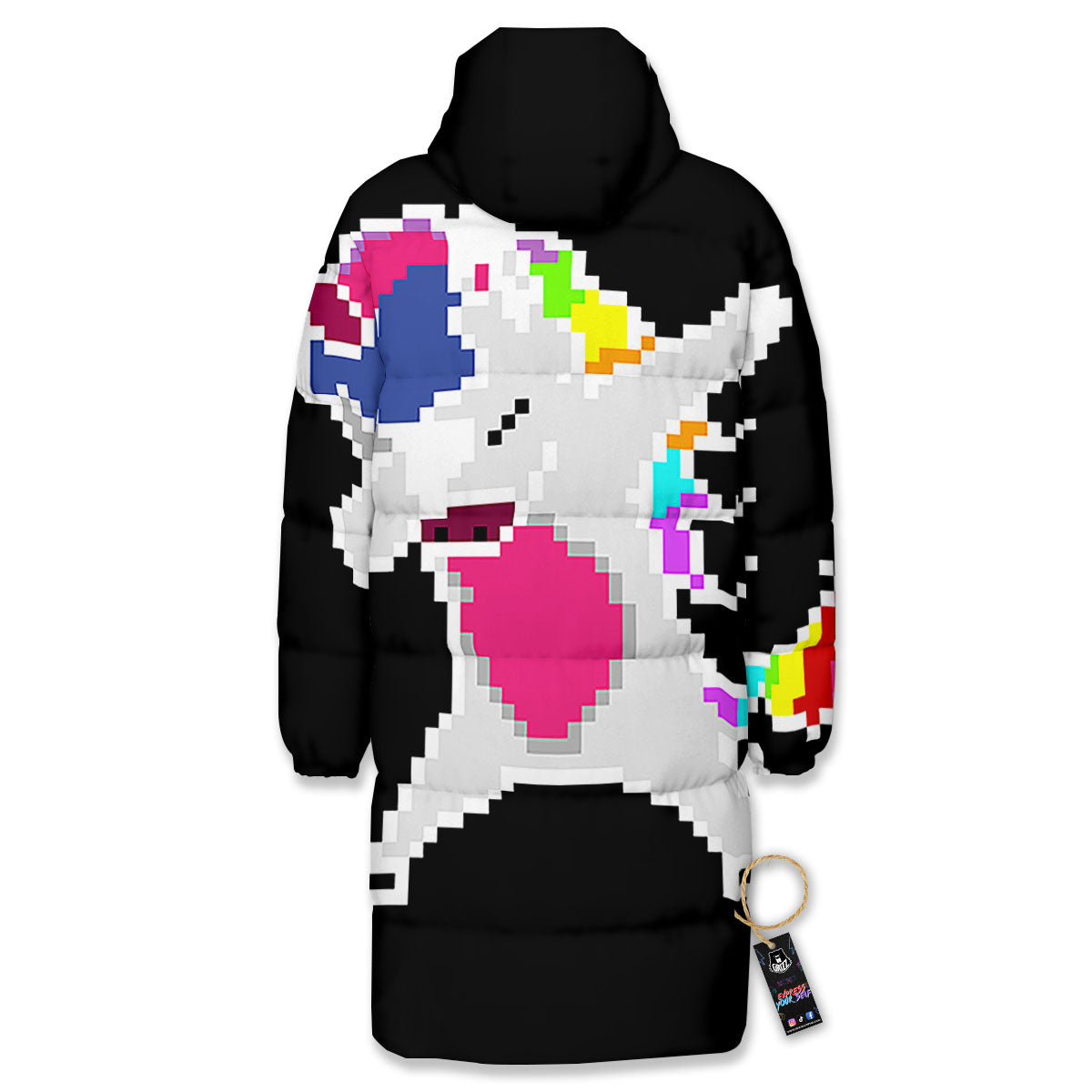 Unicorn 8-Bit Pixel Print Long Down Jacket-grizzshop