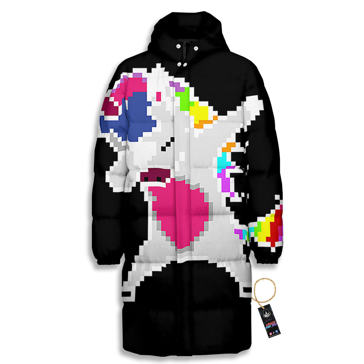 Unicorn 8-Bit Pixel Print Long Down Jacket-grizzshop