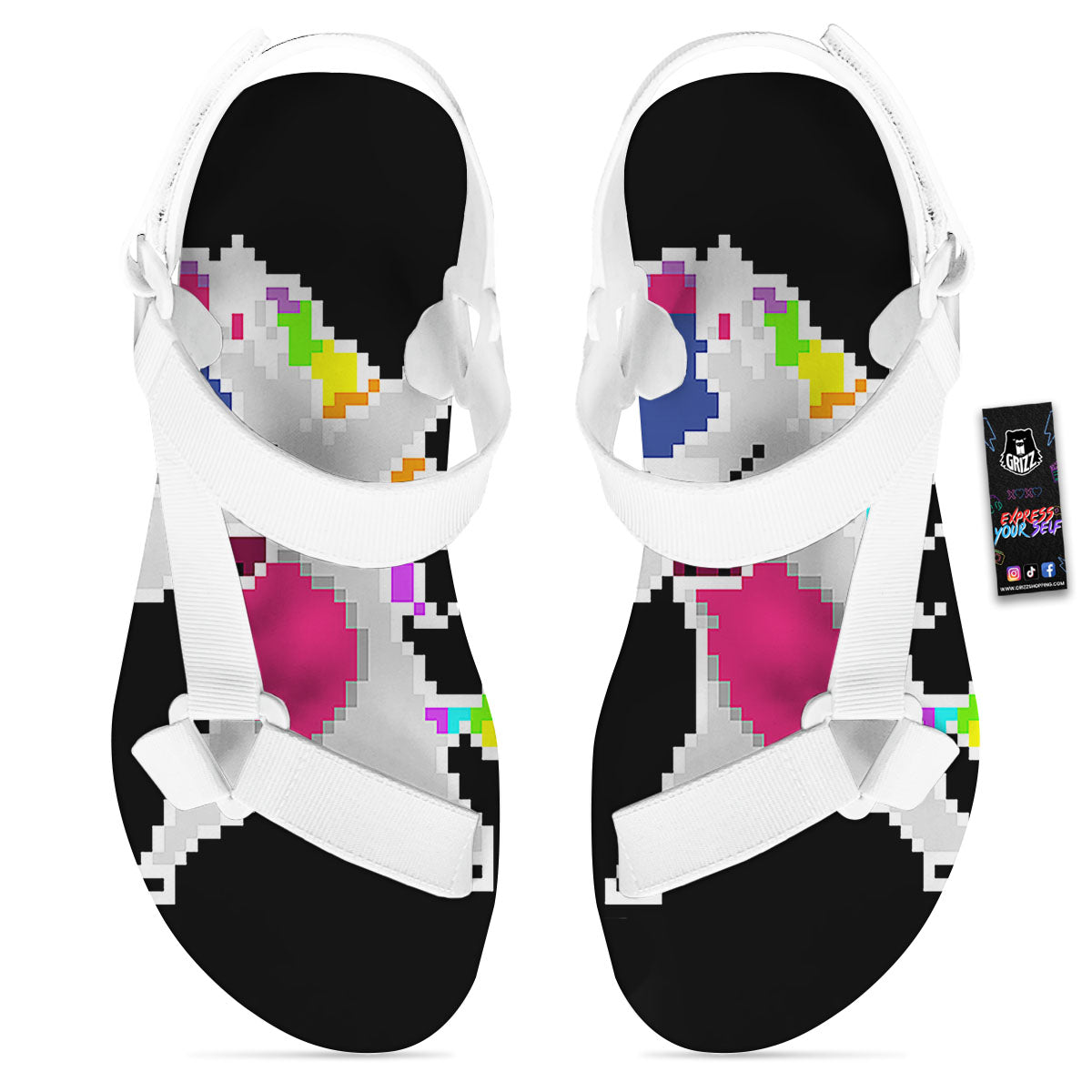 Unicorn 8-Bit Pixel Print White Open Toe Sandals-grizzshop
