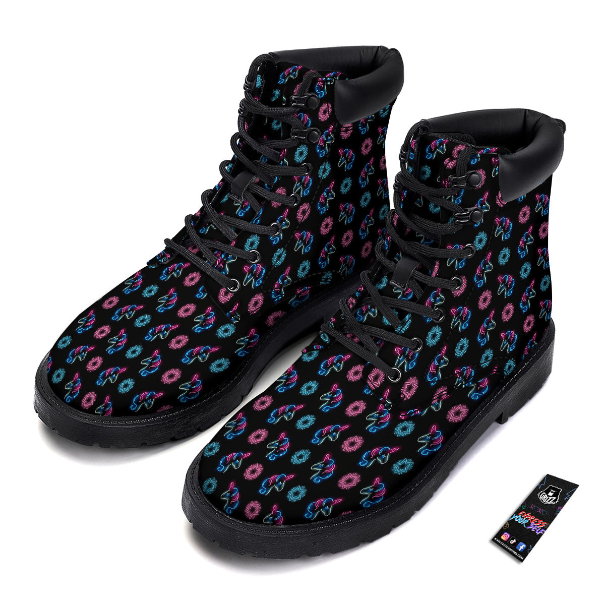 Unicorn Black Girly Print Pattern Boots-grizzshop