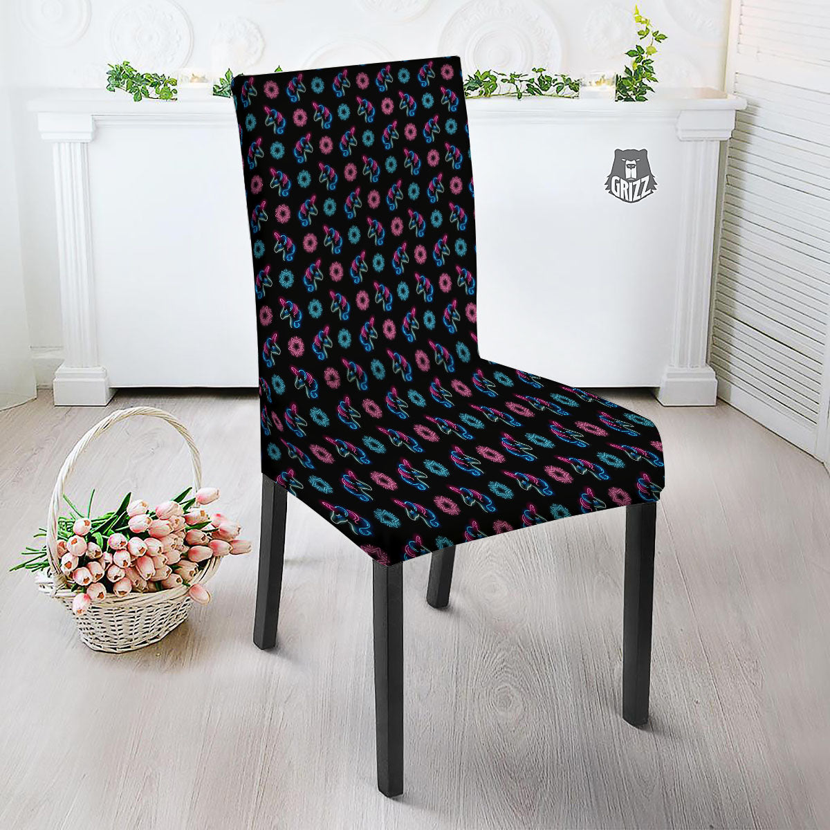 Unicorn Black Girly Print Pattern Dining Chair Slipcover-grizzshop