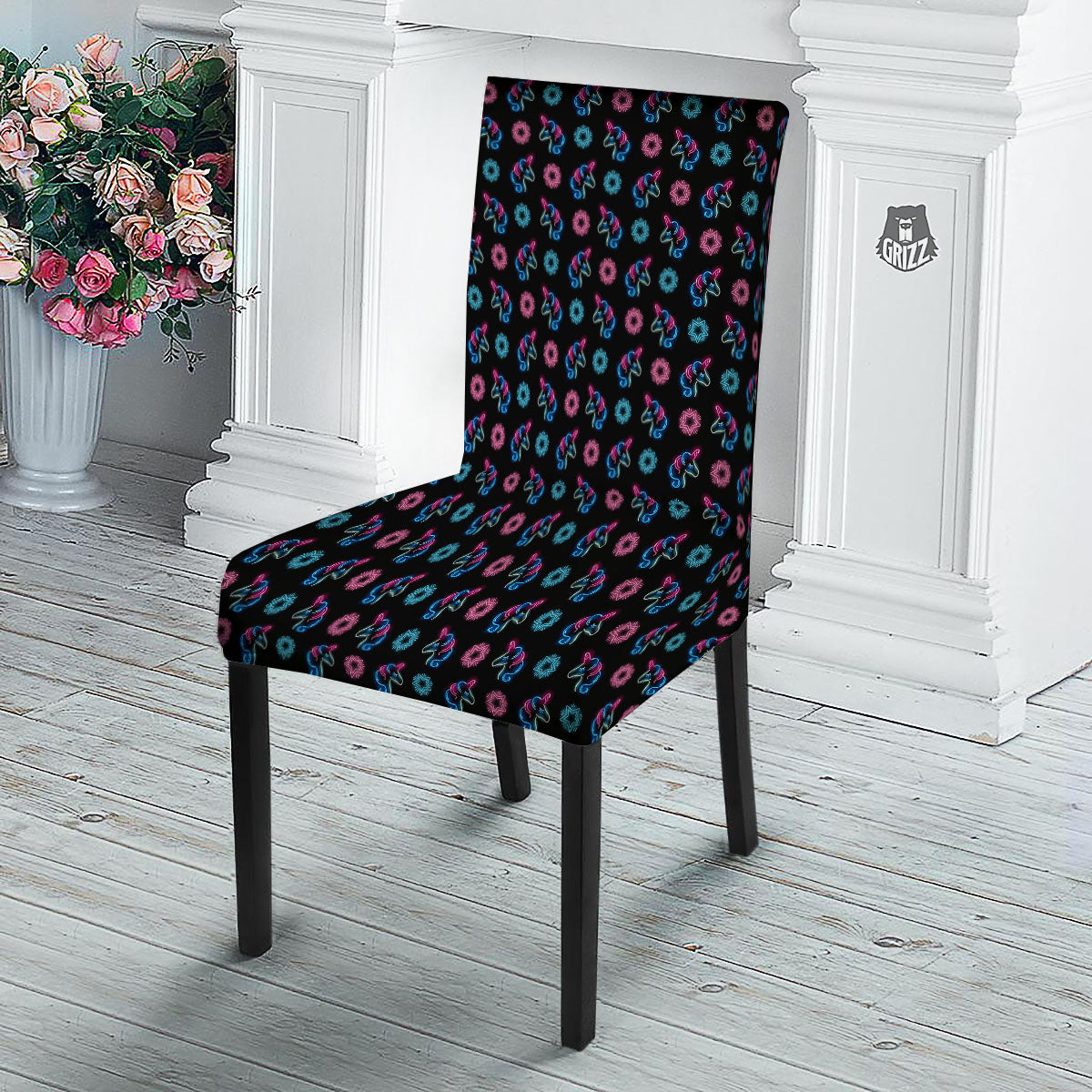 Unicorn Black Girly Print Pattern Dining Chair Slipcover-grizzshop