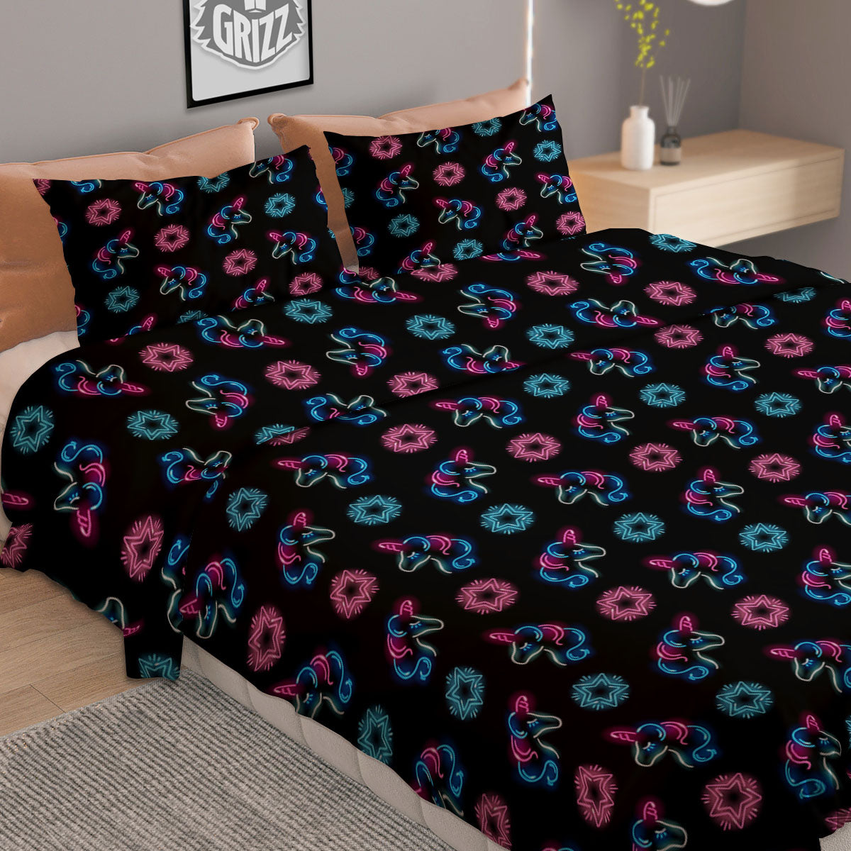 Unicorn Black Girly Print Pattern Duvet Cover Bedding Set