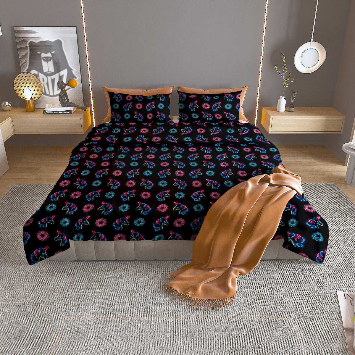 Unicorn Black Girly Print Pattern Duvet Cover Bedding Set