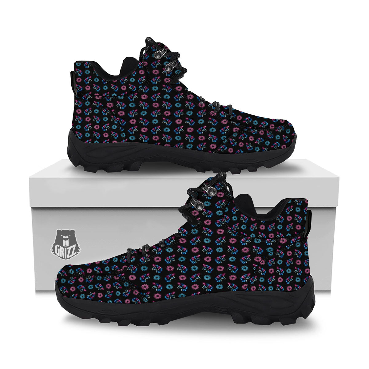 Unicorn Black Girly Print Pattern Hiking Shoes-grizzshop