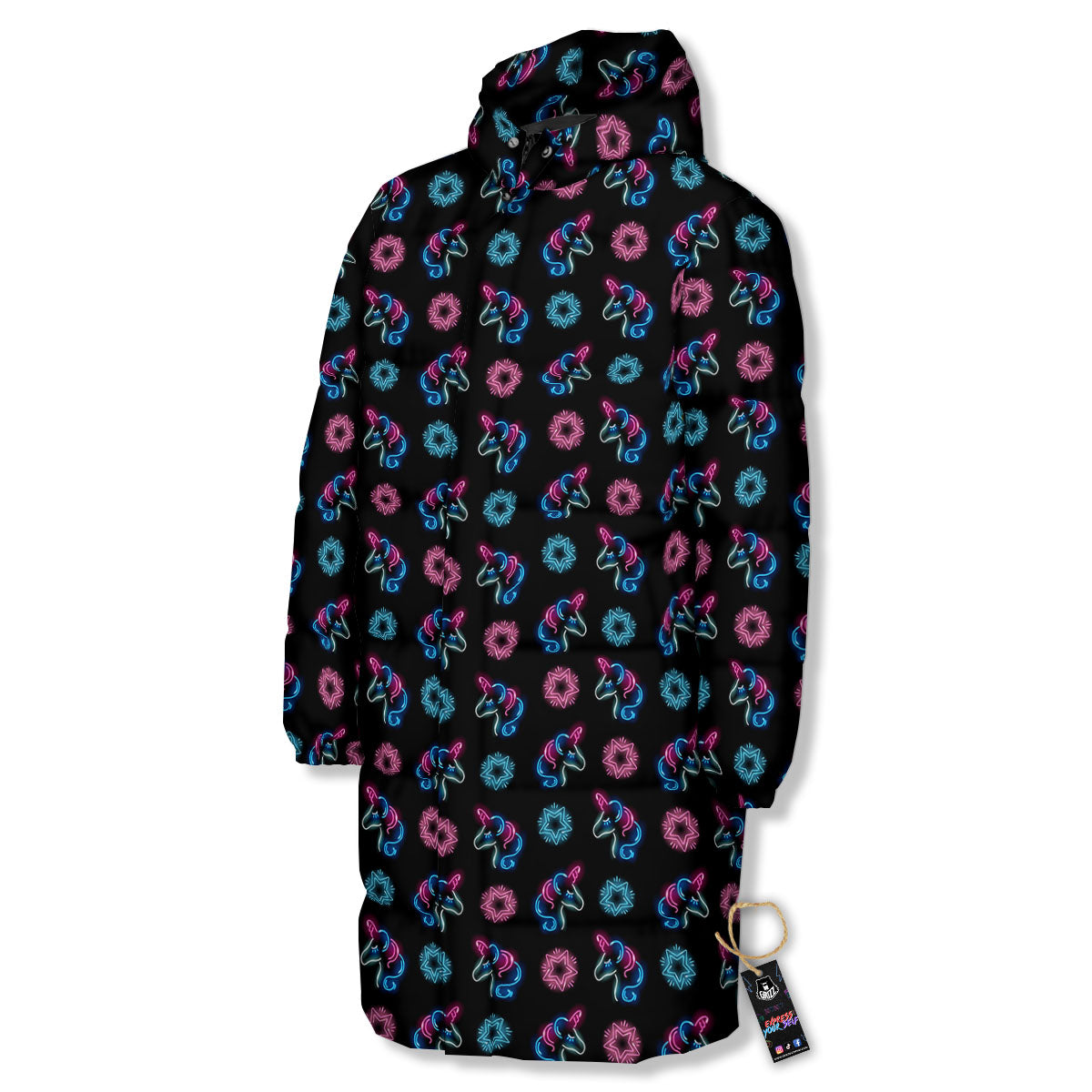 Unicorn Black Girly Print Pattern Long Down Jacket-grizzshop