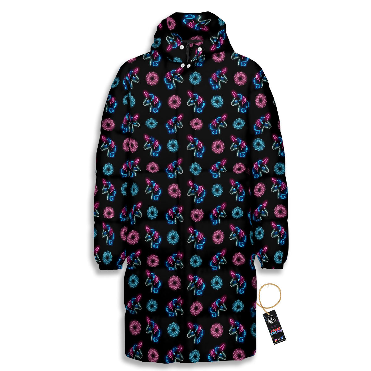 Unicorn Black Girly Print Pattern Long Down Jacket-grizzshop