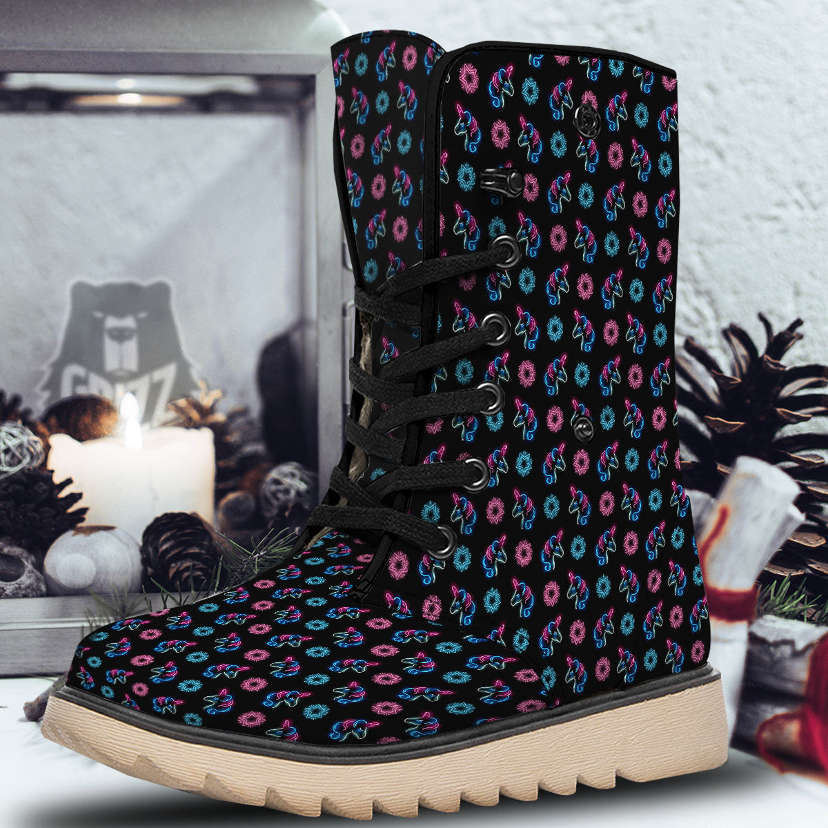 Unicorn Black Girly Print Pattern Snow Boots-grizzshop