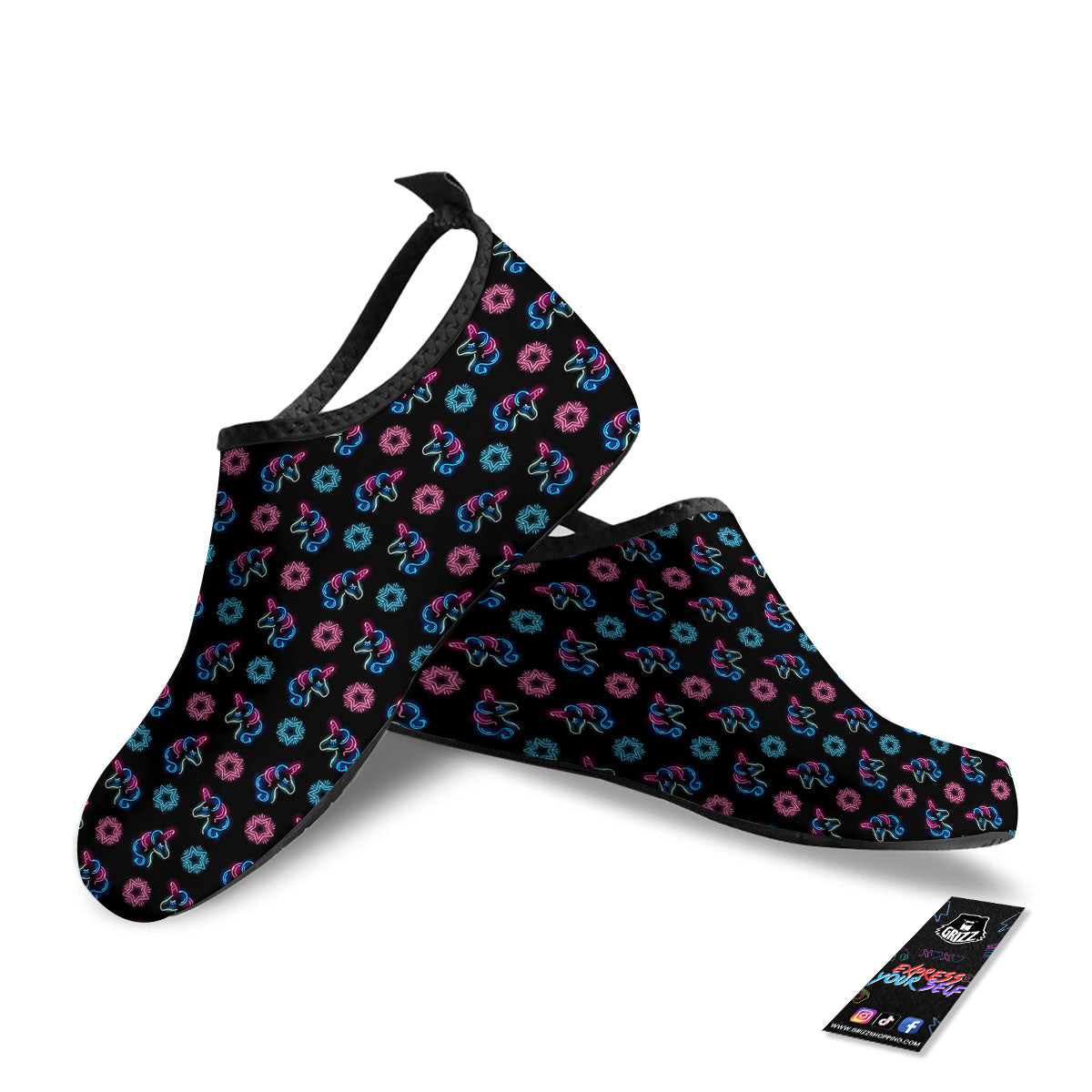 Unicorn Black Girly Print Pattern Water Shoes-grizzshop