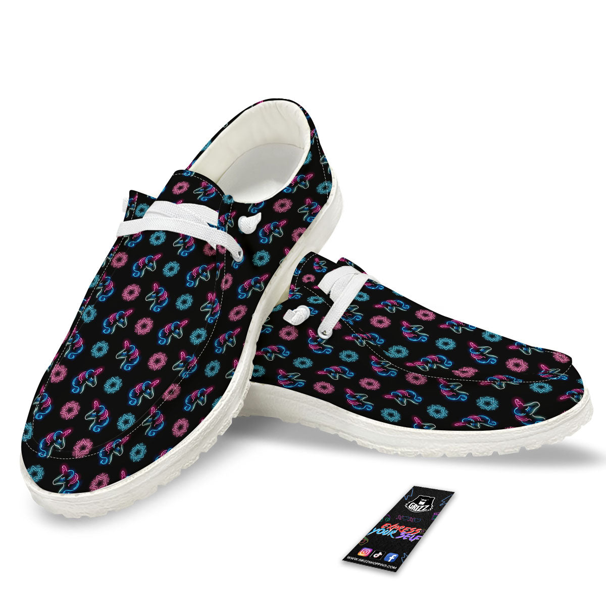 Unicorn Black Girly Print Pattern White Loafers-grizzshop