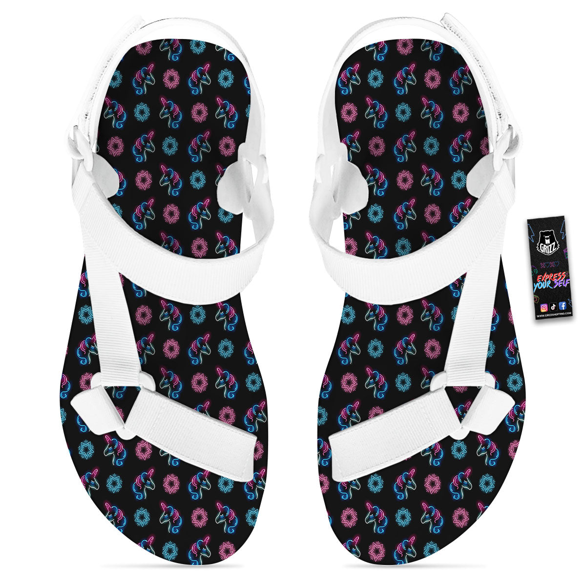 Unicorn Black Girly Print Pattern White Open Toe Sandals-grizzshop
