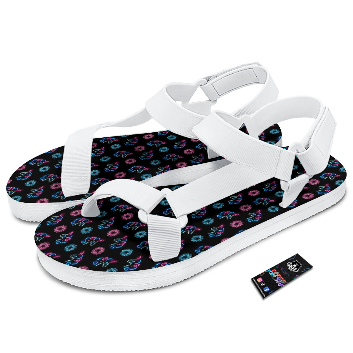 Unicorn Black Girly Print Pattern White Open Toe Sandals-grizzshop