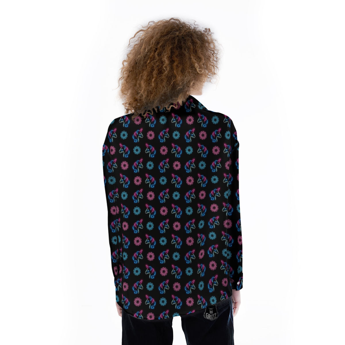 Unicorn Black Girly Print Pattern Women's Long Sleeve Shirts-grizzshop