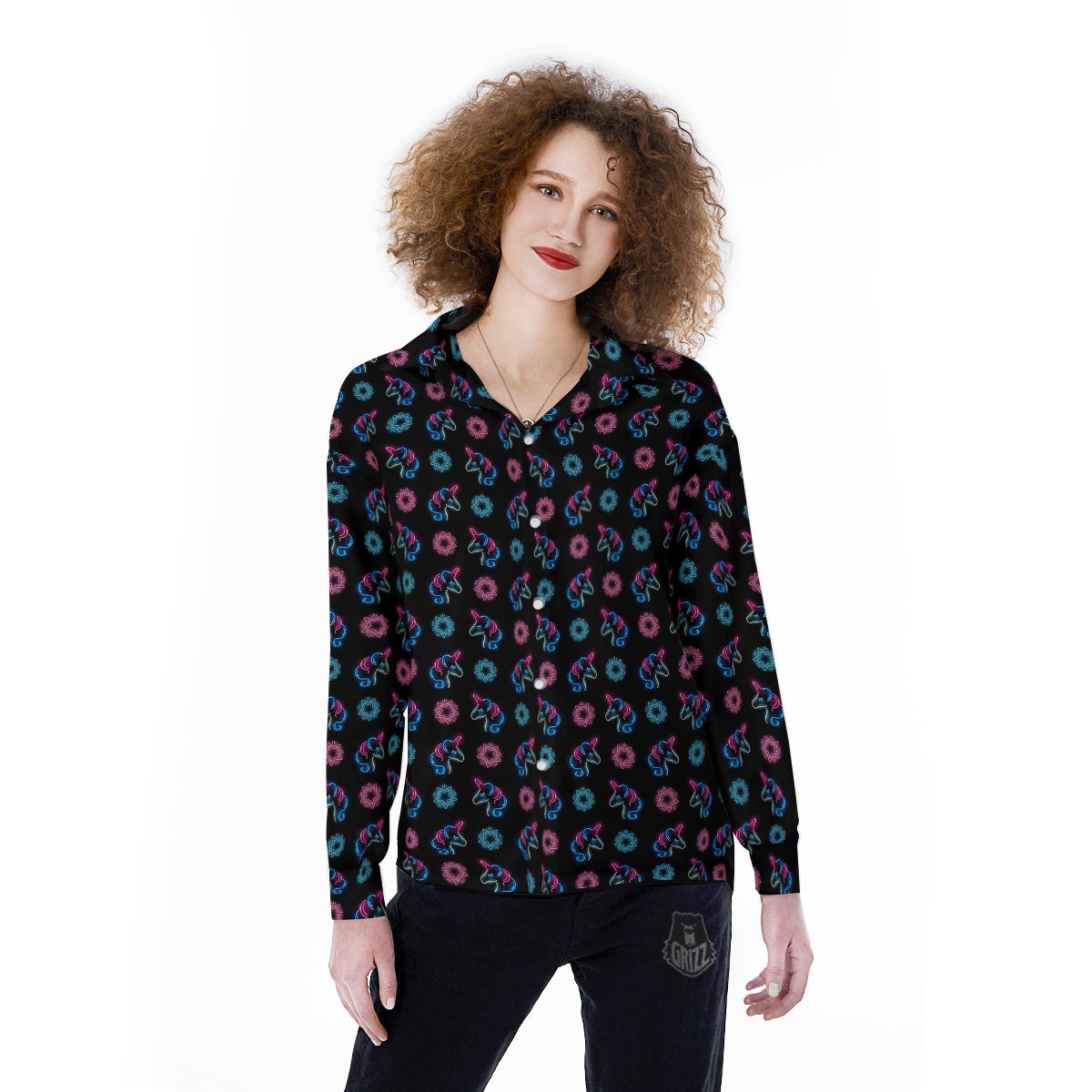 Unicorn Black Girly Print Pattern Women's Long Sleeve Shirts-grizzshop