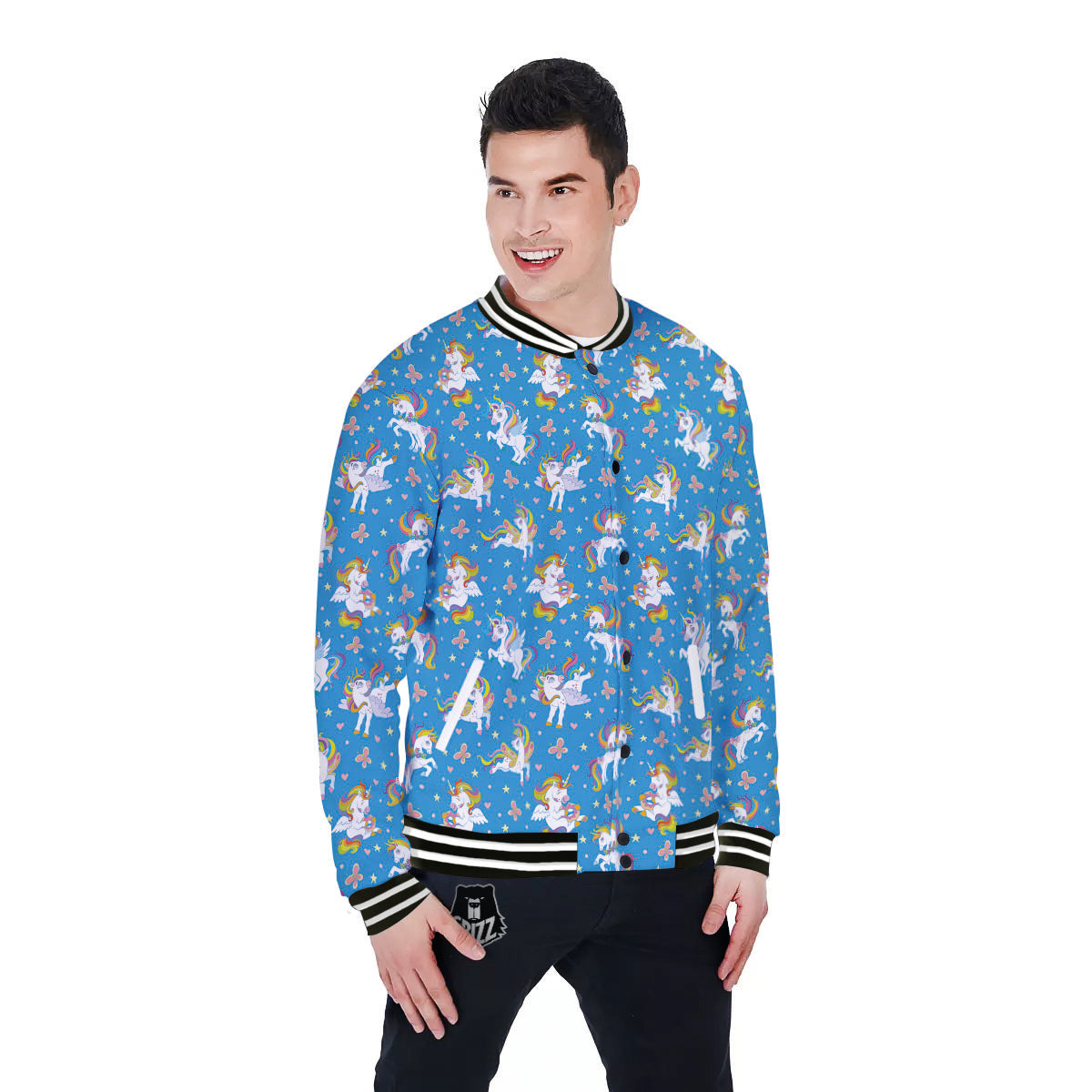 Unicorn Blue Rainbow Print Pattern Baseball Jacket-grizzshop
