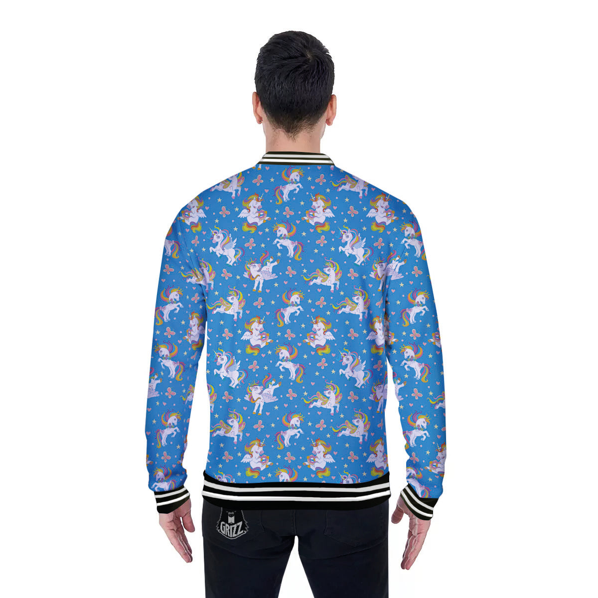 Unicorn Blue Rainbow Print Pattern Baseball Jacket-grizzshop