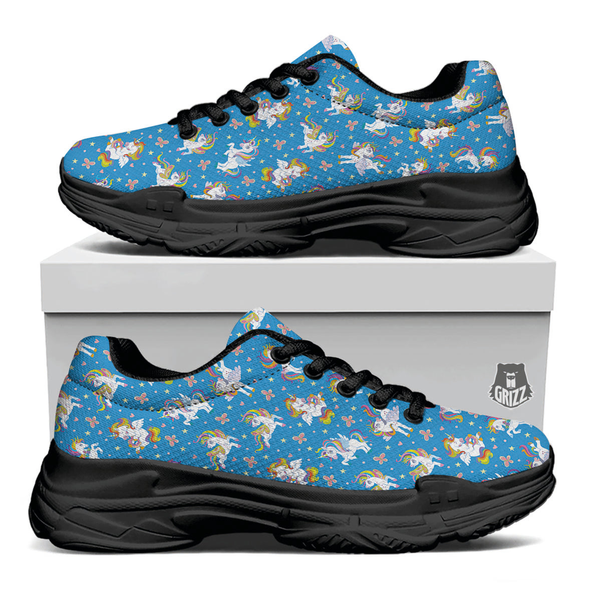 Unicorn Blue Rainbow Print Pattern Black Chunky Shoes-grizzshop