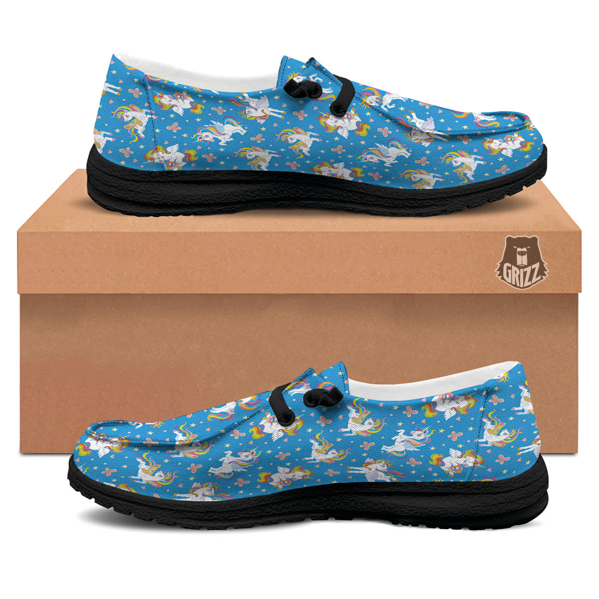Unicorn Blue Rainbow Print Pattern Black Loafers-grizzshop
