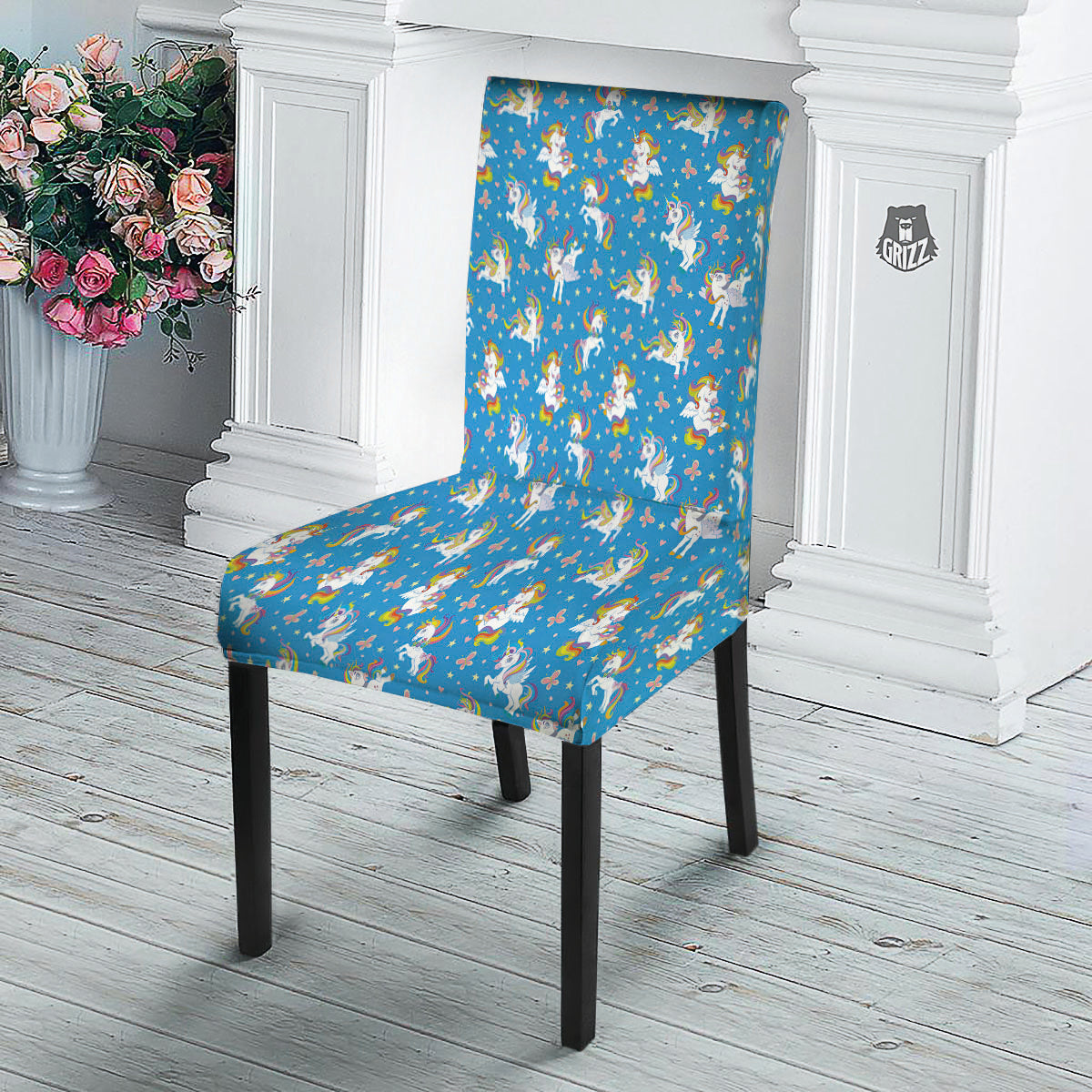 Unicorn Blue Rainbow Print Pattern Dining Chair Slipcover-grizzshop