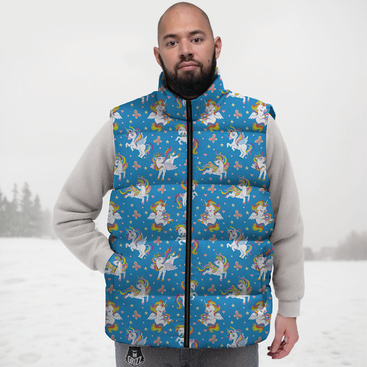 Unicorn Blue Rainbow Print Pattern Down Vest