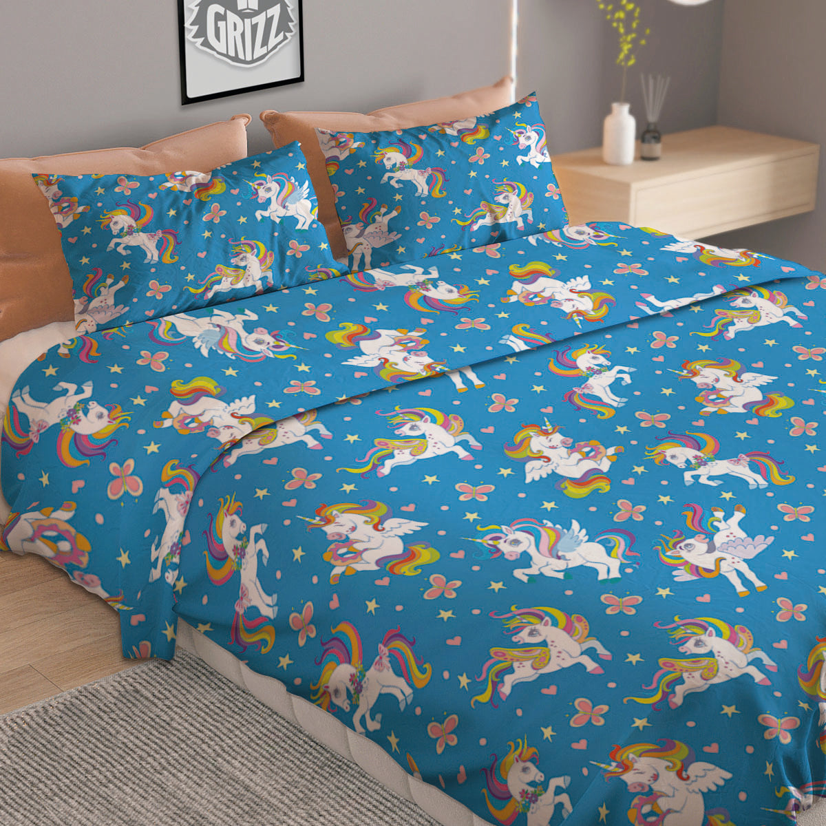 Unicorn Blue Rainbow Print Pattern Duvet Cover Bedding Set
