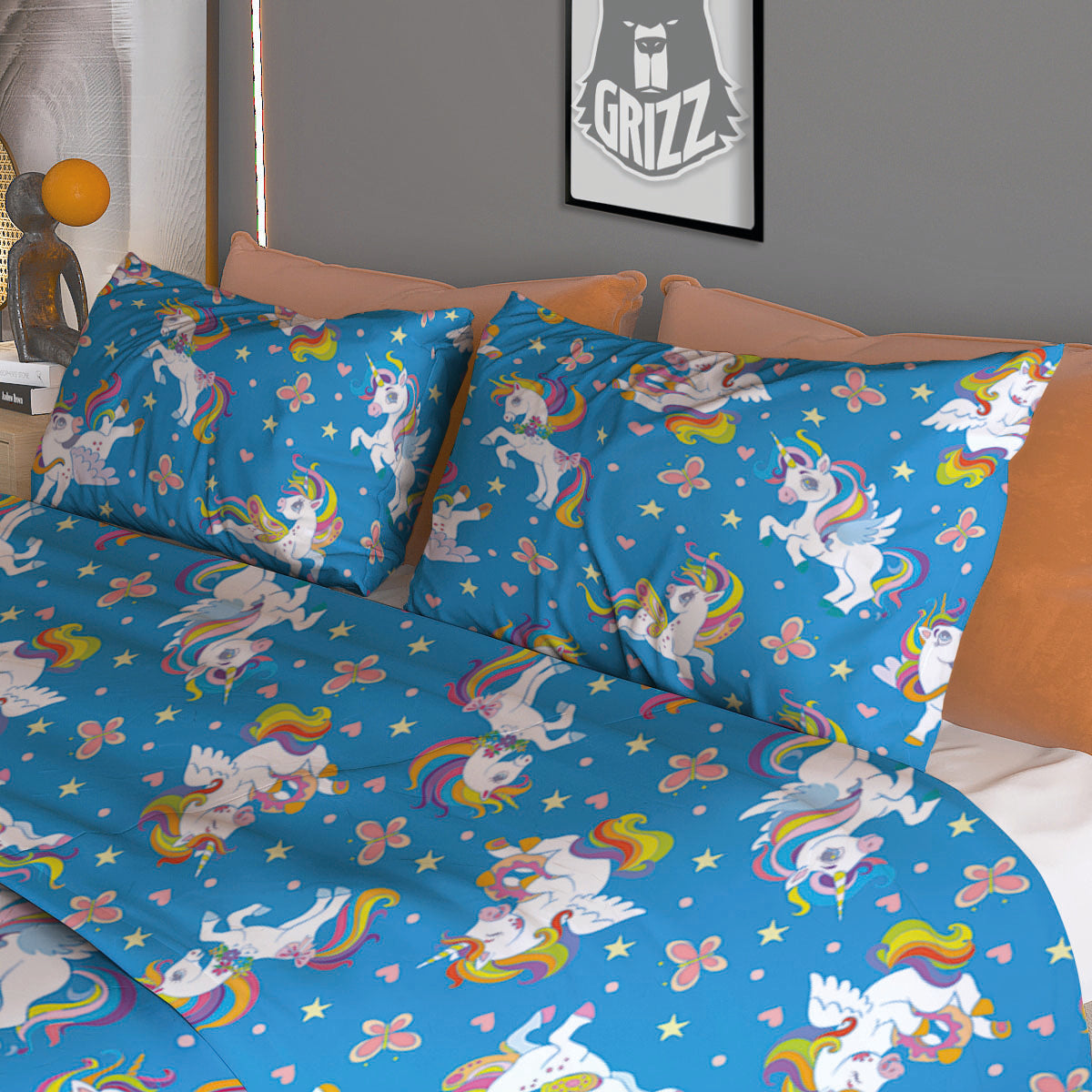 Unicorn Blue Rainbow Print Pattern Duvet Cover Bedding Set