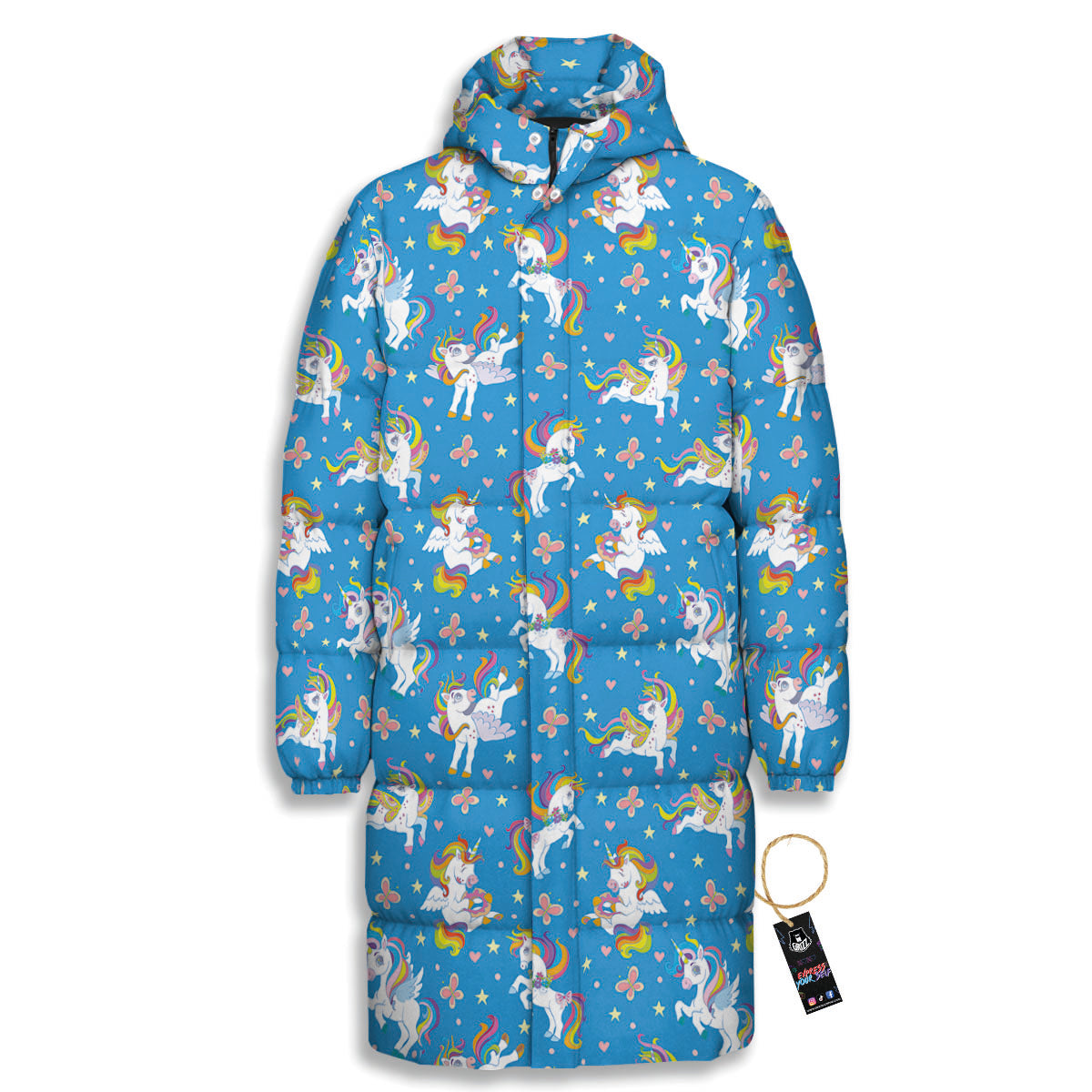 Unicorn Blue Rainbow Print Pattern Long Down Jacket-grizzshop